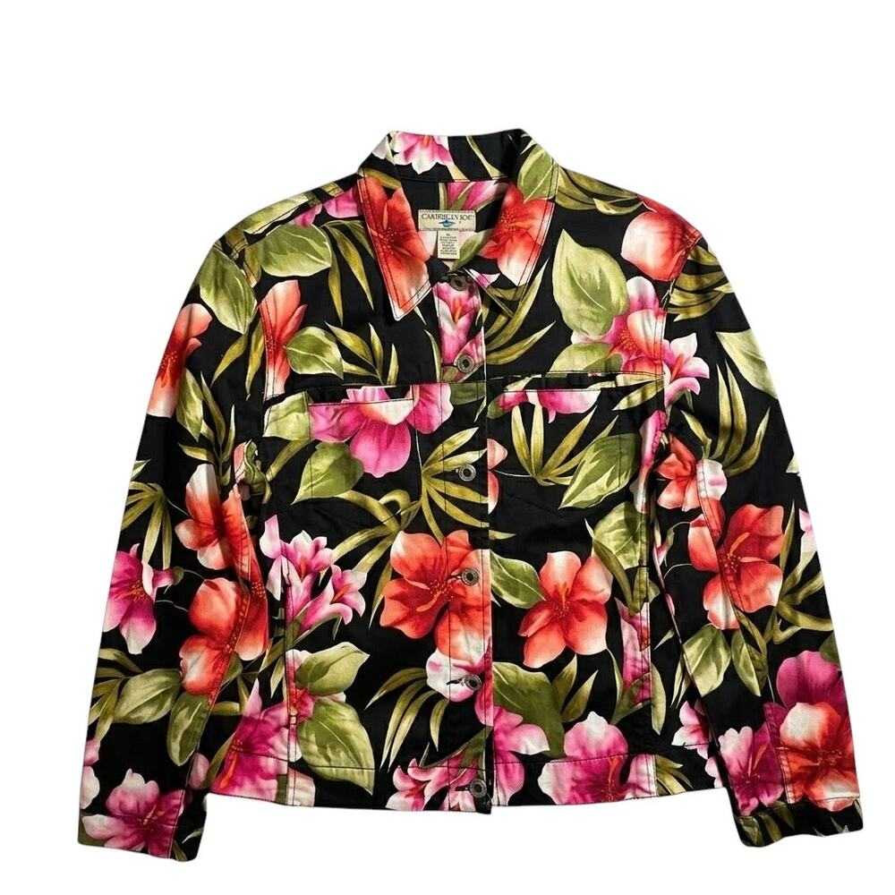 Caribbean Joe Tropical Hibiscus Floral Button Jacket Women's L Black Pink